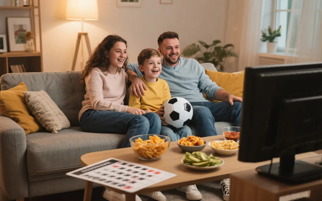 亲子在沙发上一起看球，桌上有健康小食与一张简洁赛程表